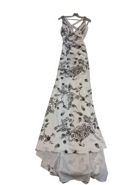 White and Black Floral Crisscross Prom Dress - Vintage, Dead Stock. Mary's Gowns